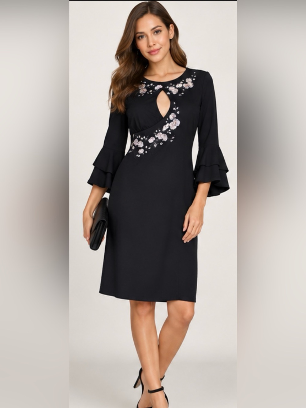 Glamour Black Embroidered Bell Sleeve Dress Size 6 Keyhole Floral